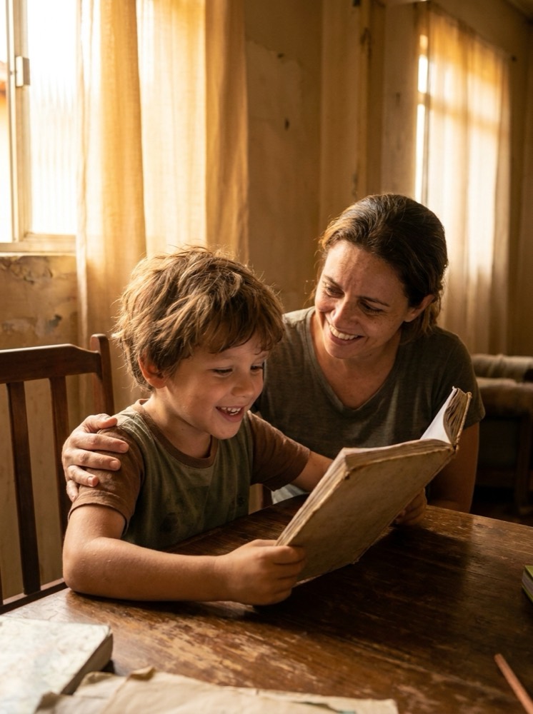 Criança lendo com confiança e mãe orgulhosa
